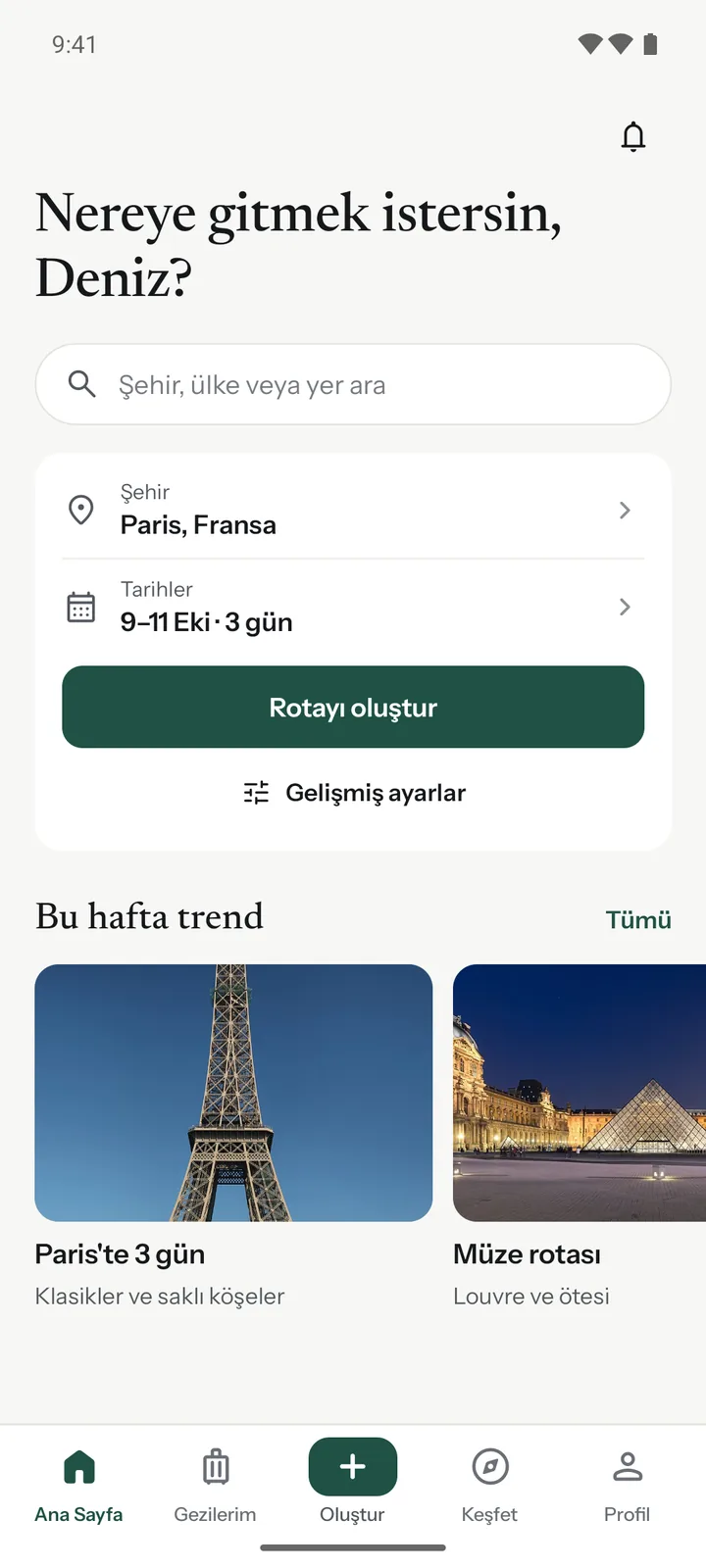 Home screen with Paris and travel dates selected