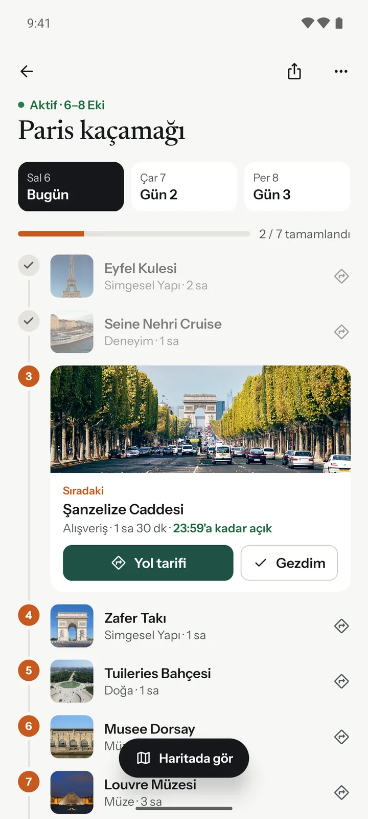 A Paris trip in TripChart: the next stop and today’s schedule